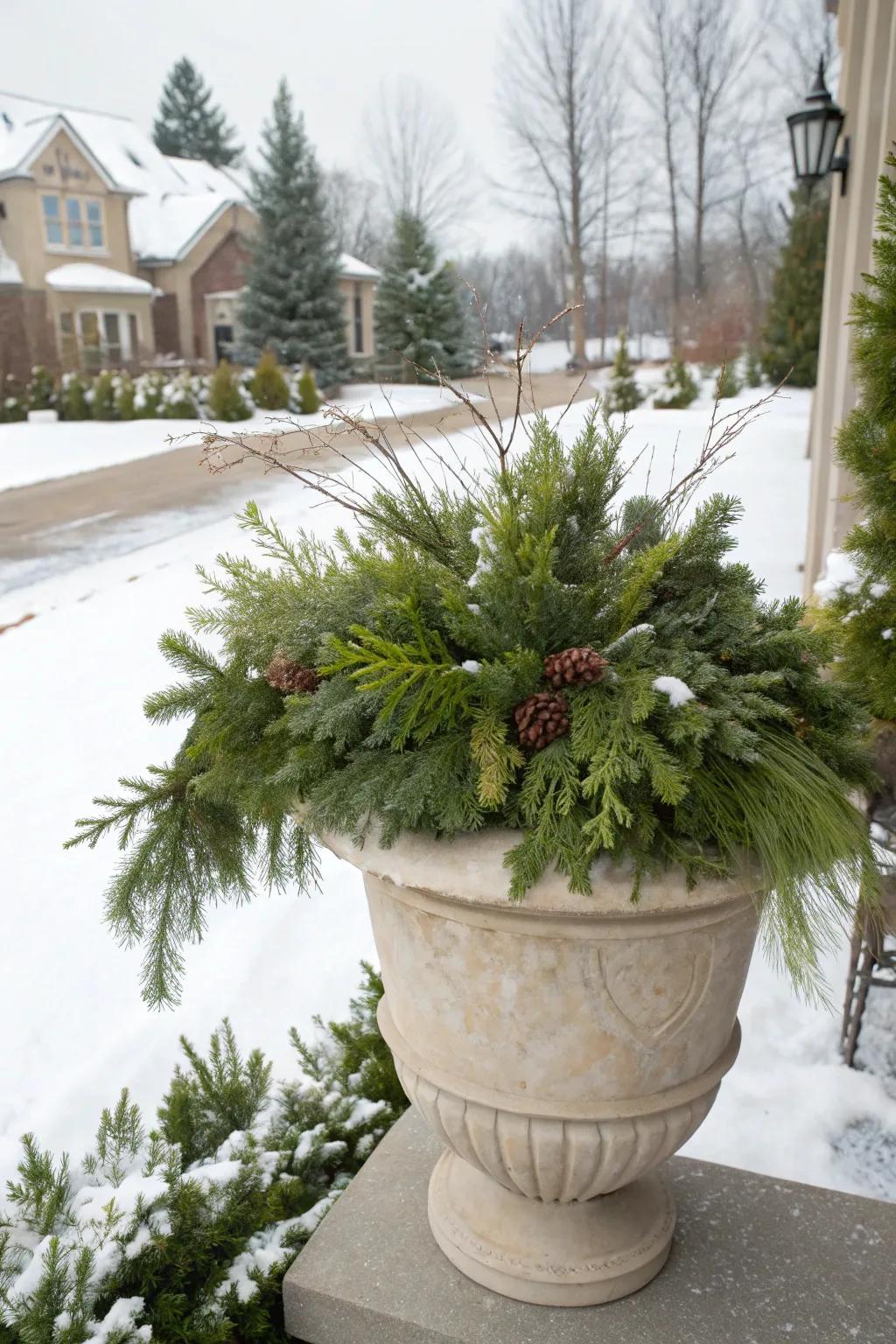 Evergreen foliage offers a rich and appealing base for winter planters.