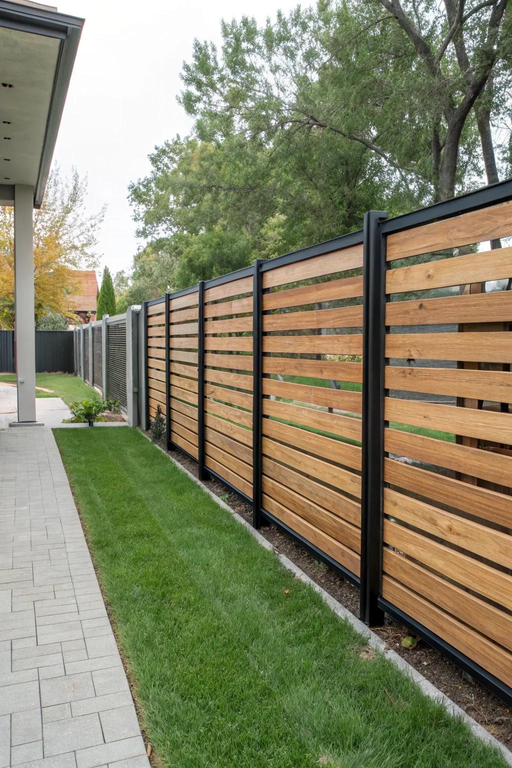A modern, minimalist fence showcases horizontal wood planks set within resilient metal frames.