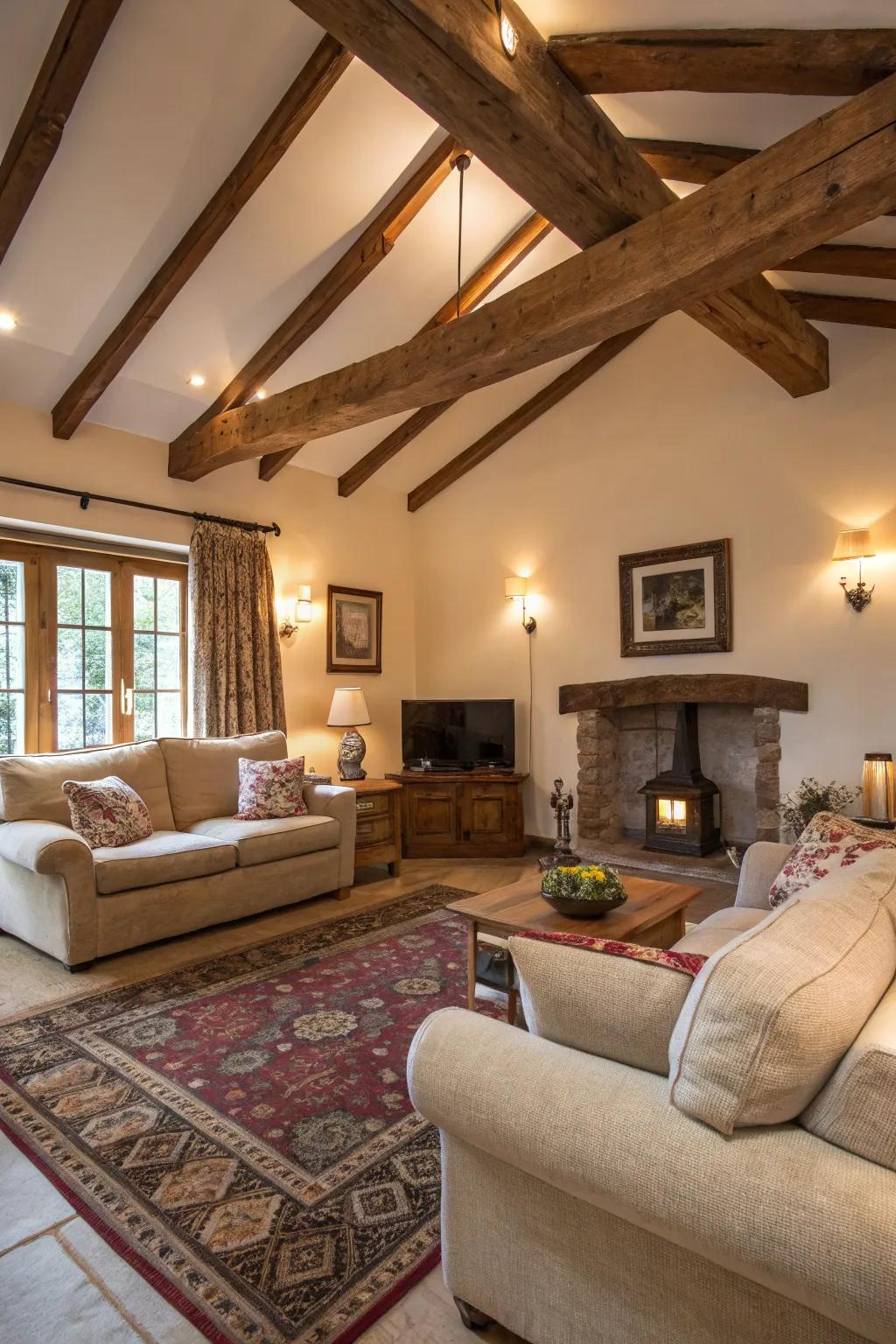 Countryside sophistication with exposed wooden beams and an inviting decor.