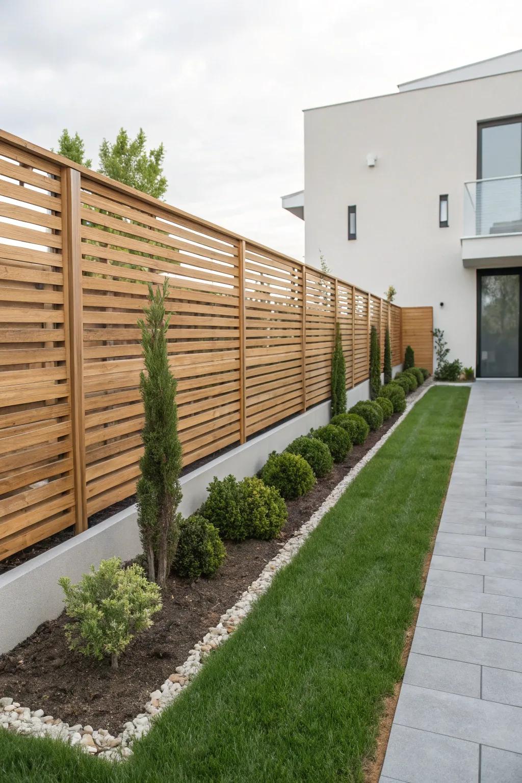 A horizontal slat fence introduces a modern element to any outdoor setting.