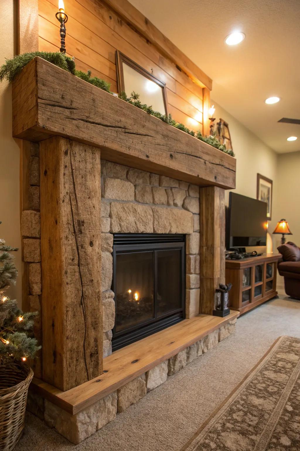 Embrace the natural beauty of a raw wood fireplace mantel.