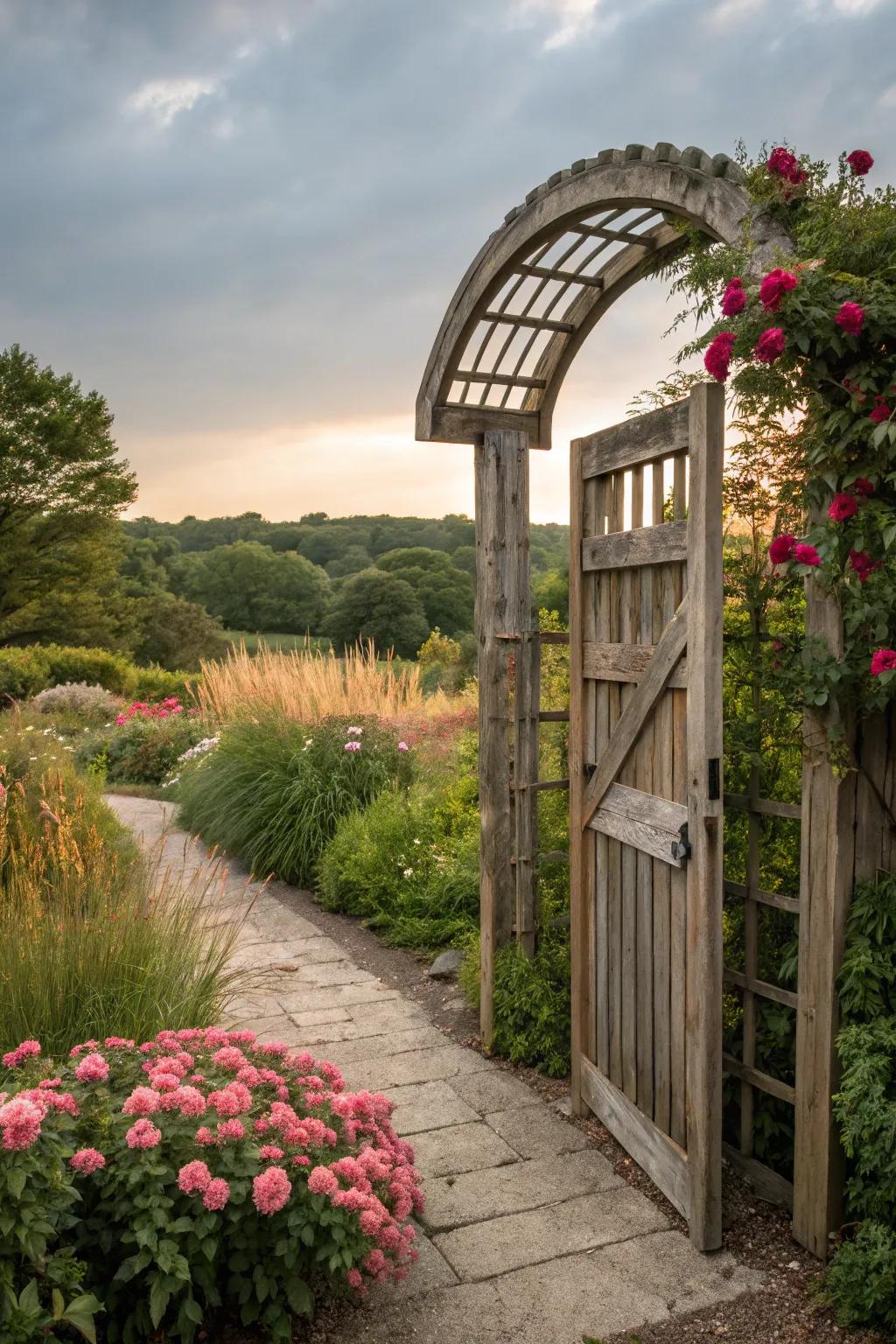 An arched top wood gate adds a fairy-tale charm to your garden.