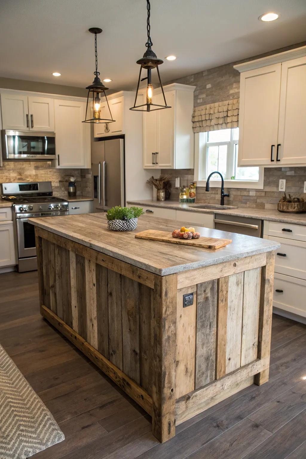 A rustic island crafted from reclaimed wood, adding character and warmth to a modern kitchen.