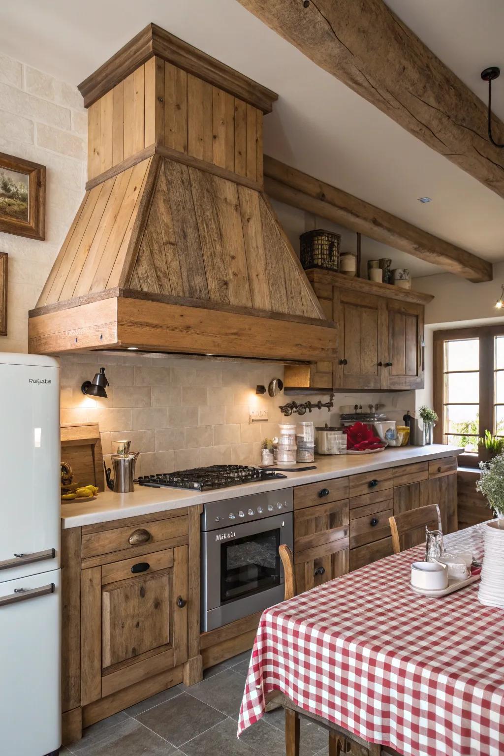 A country-style wood range hood brings inviting warmth to any kitchen.