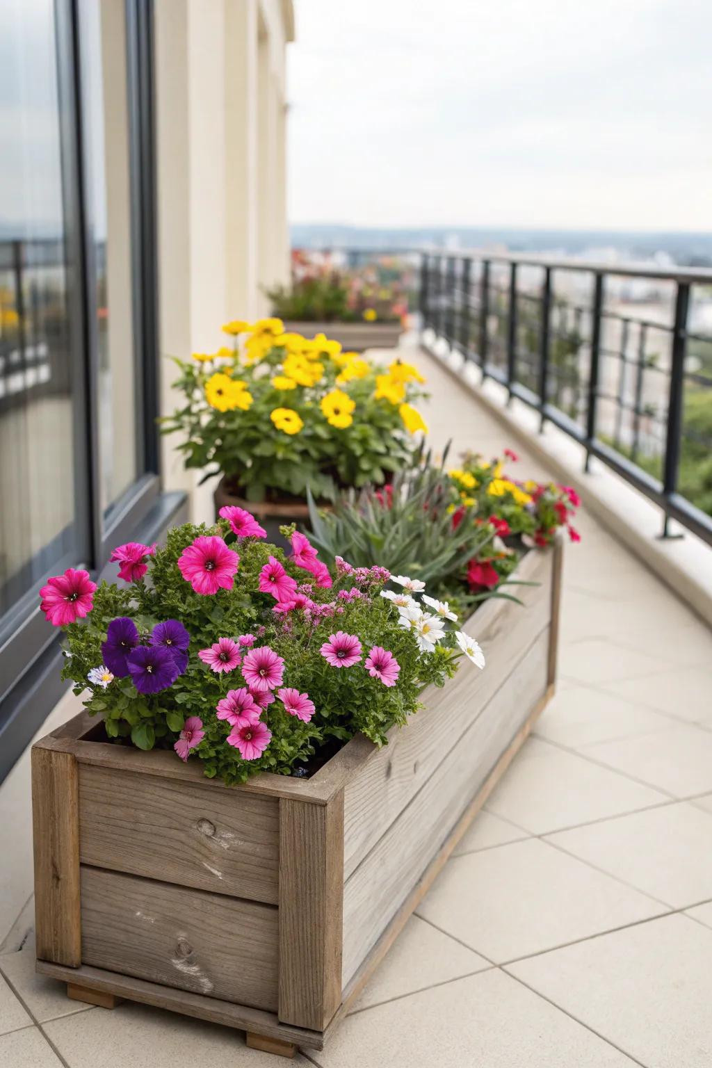 Classic rectangular wooden planter bursting with vibrant flowers.