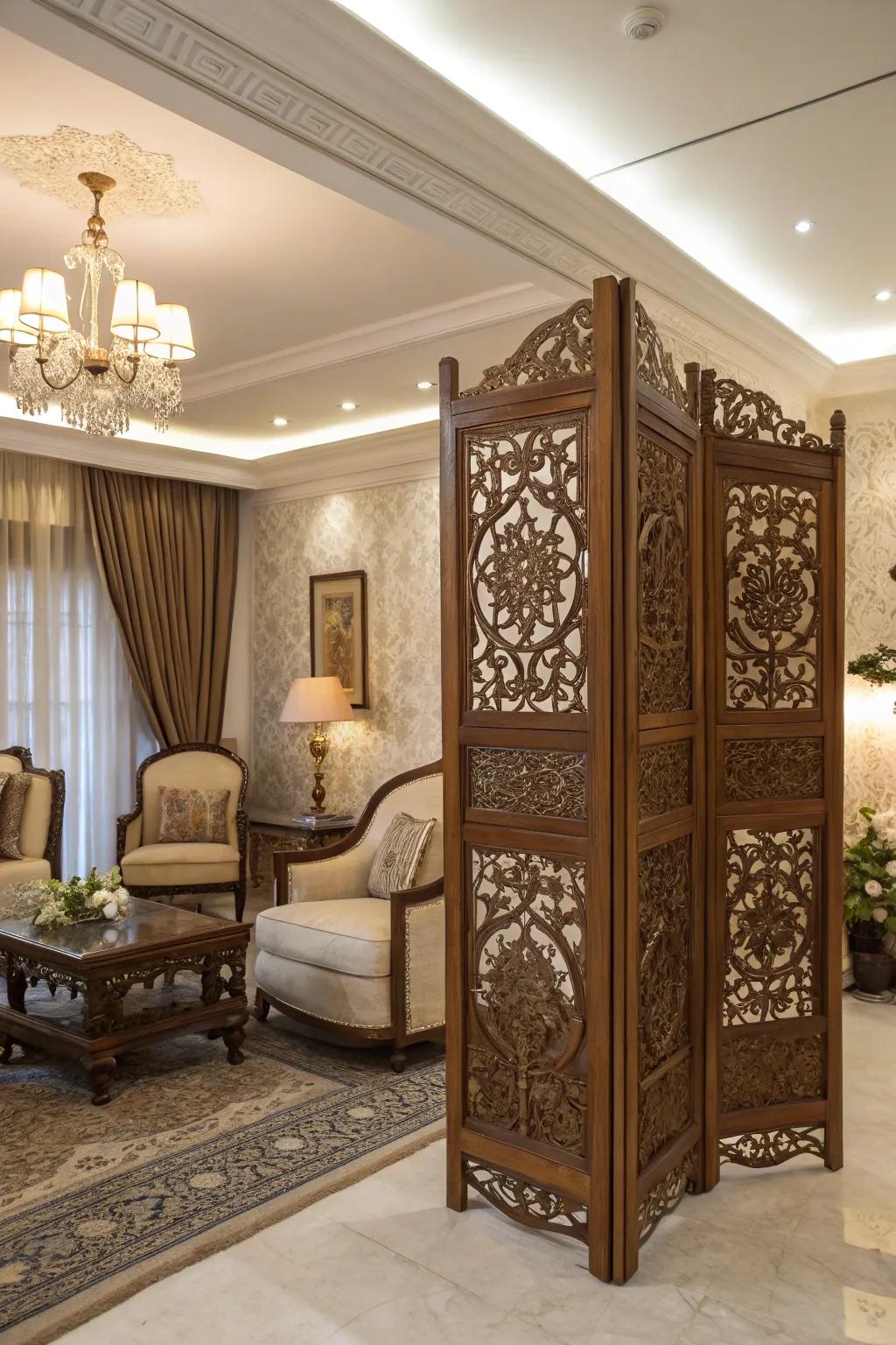 Intricate wooden panels add both privacy and artistic flair to this elegant living room.