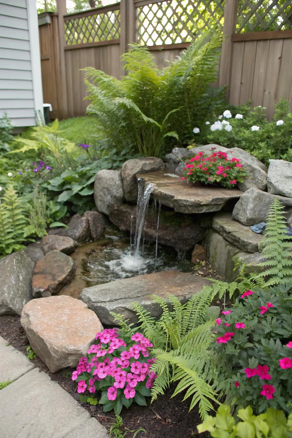 A natural rock fountain harmoniously integrated into a lush garden setting.