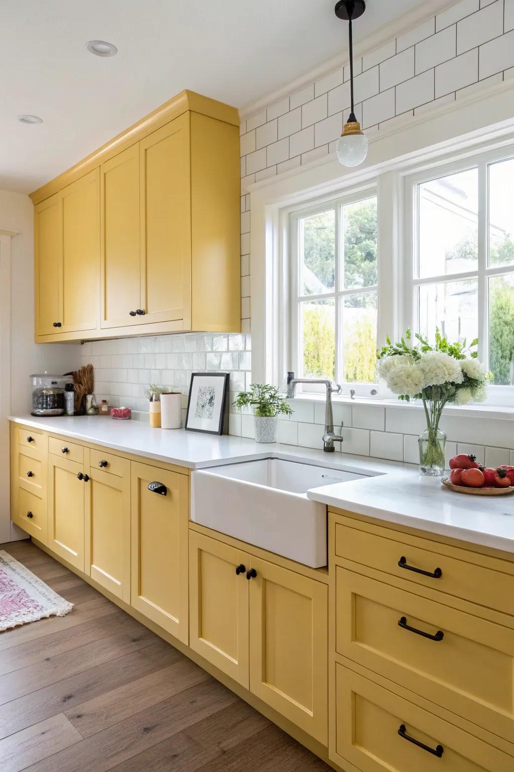 Lustrous yellow cabinets imbue this contemporary kitchen with coziness.