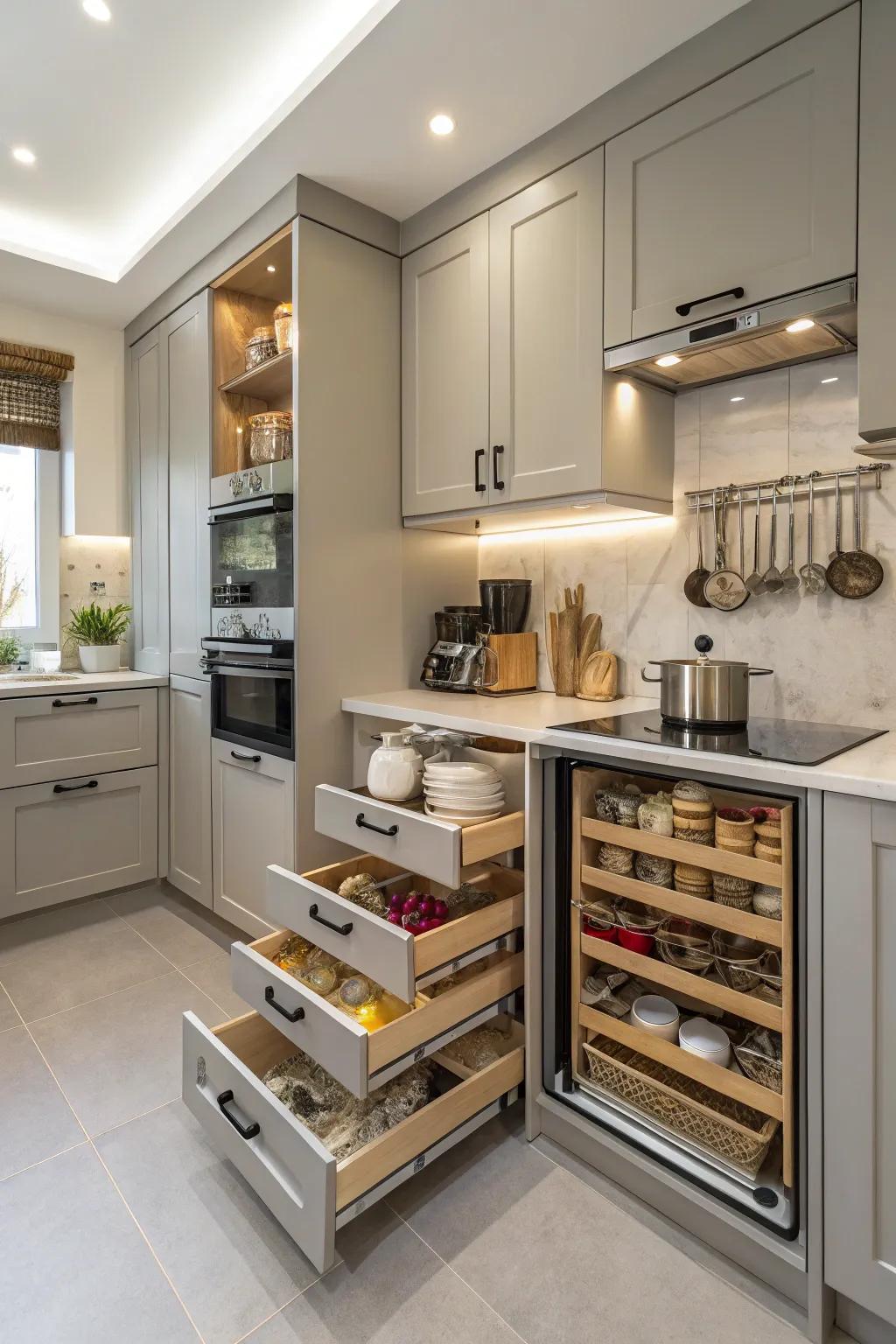 Smart storage solutions maintain a tidy and efficient kitchen.