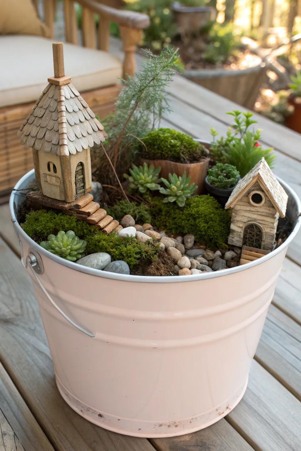 Enchant your space with a whimsical fairy garden in a bucket, where simplicity meets magical charm!