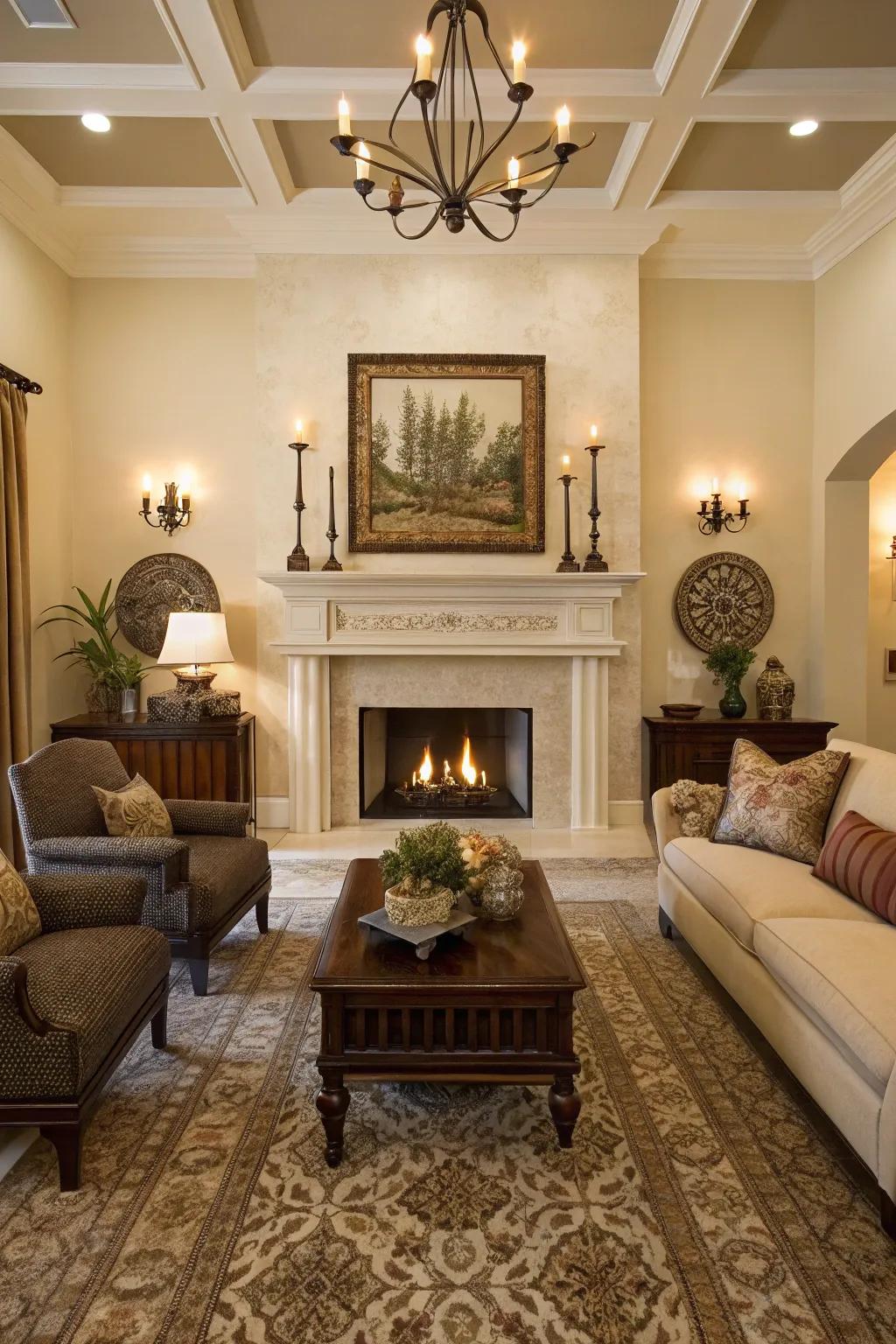 Symmetry creates a calming atmosphere above the fireplace.