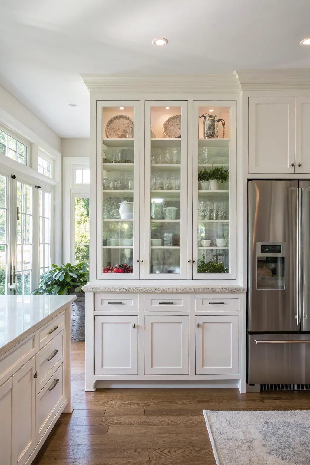 Glass-front cabinets bring light and elegance to the kitchen.