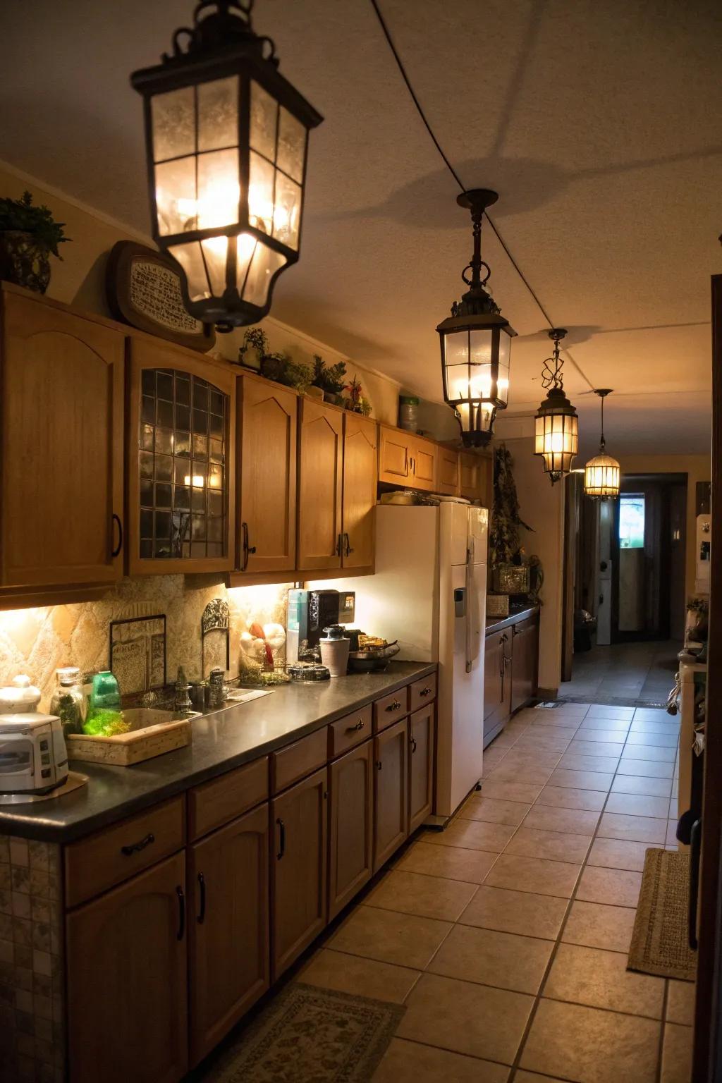Lamps offer a warm and inviting glow above the refrigerator.