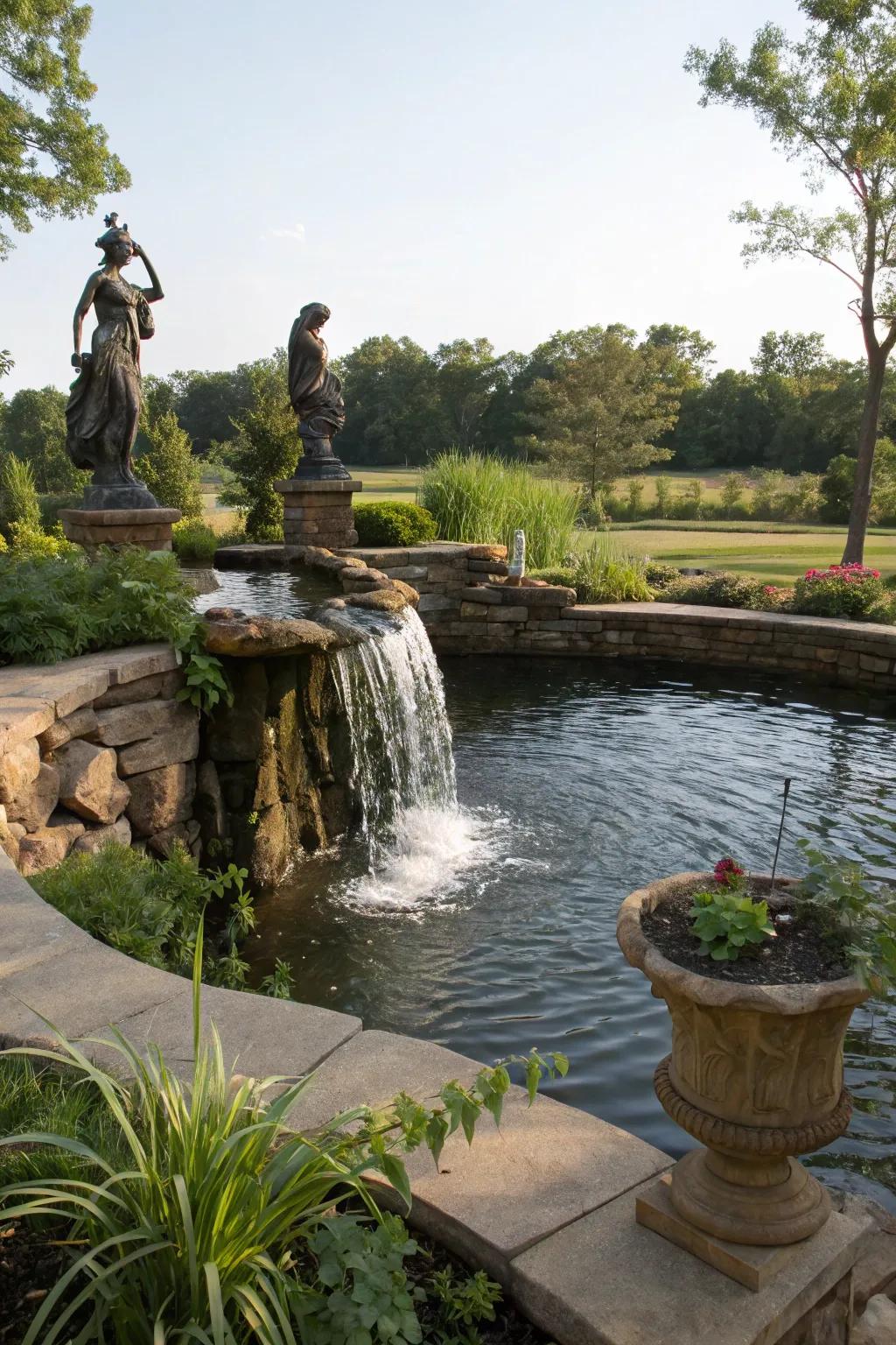 Whimsical statues add a personal touch to this above-ground pond.