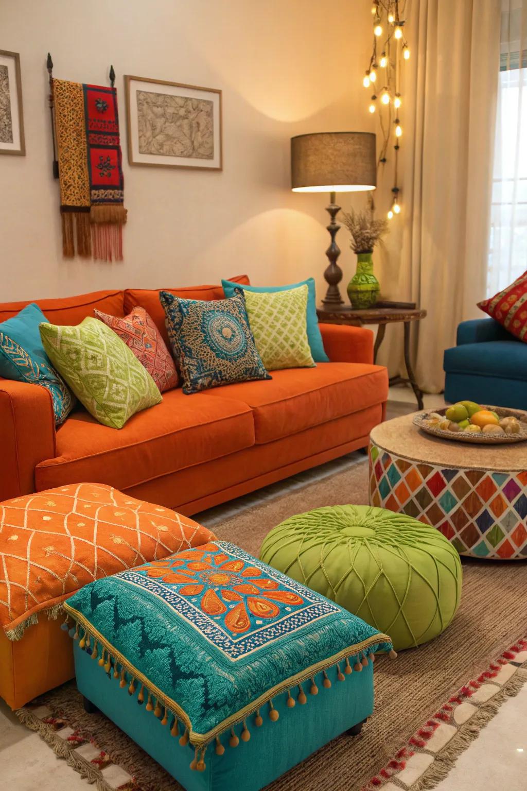 Vibrant colors add energy and contrast to the earthy tones of an African-themed room.