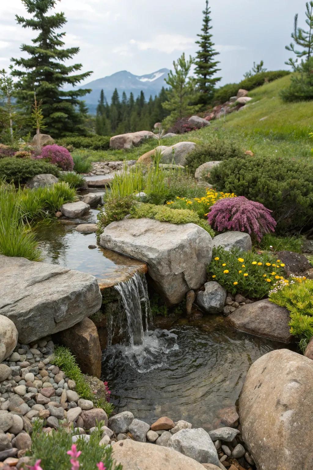A peaceful water feature in an alpine garden.