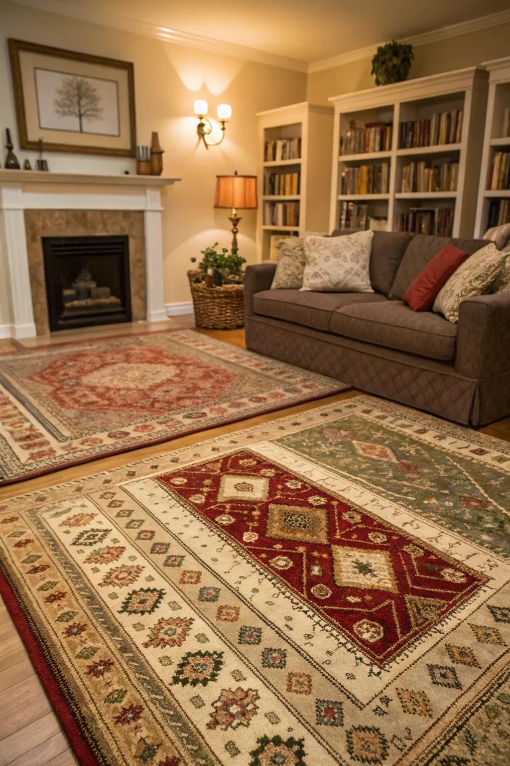 Layered floor coverings add warmth and define space in this cozy living room.