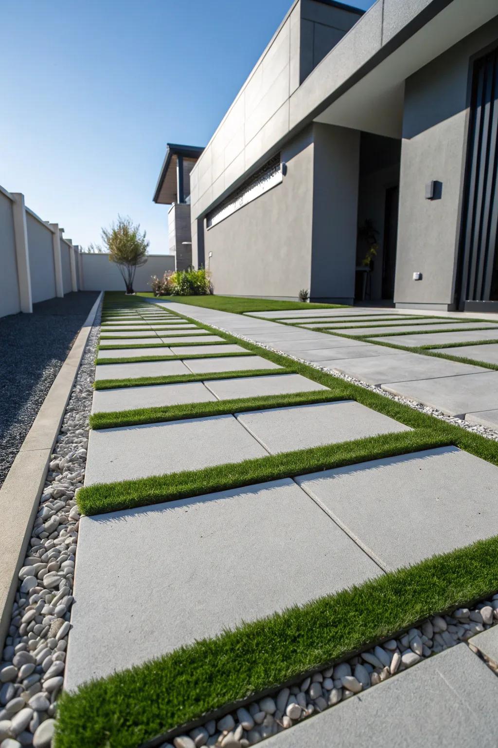 Transform your driveway with sleek lines and vibrant greens for a modern touch.