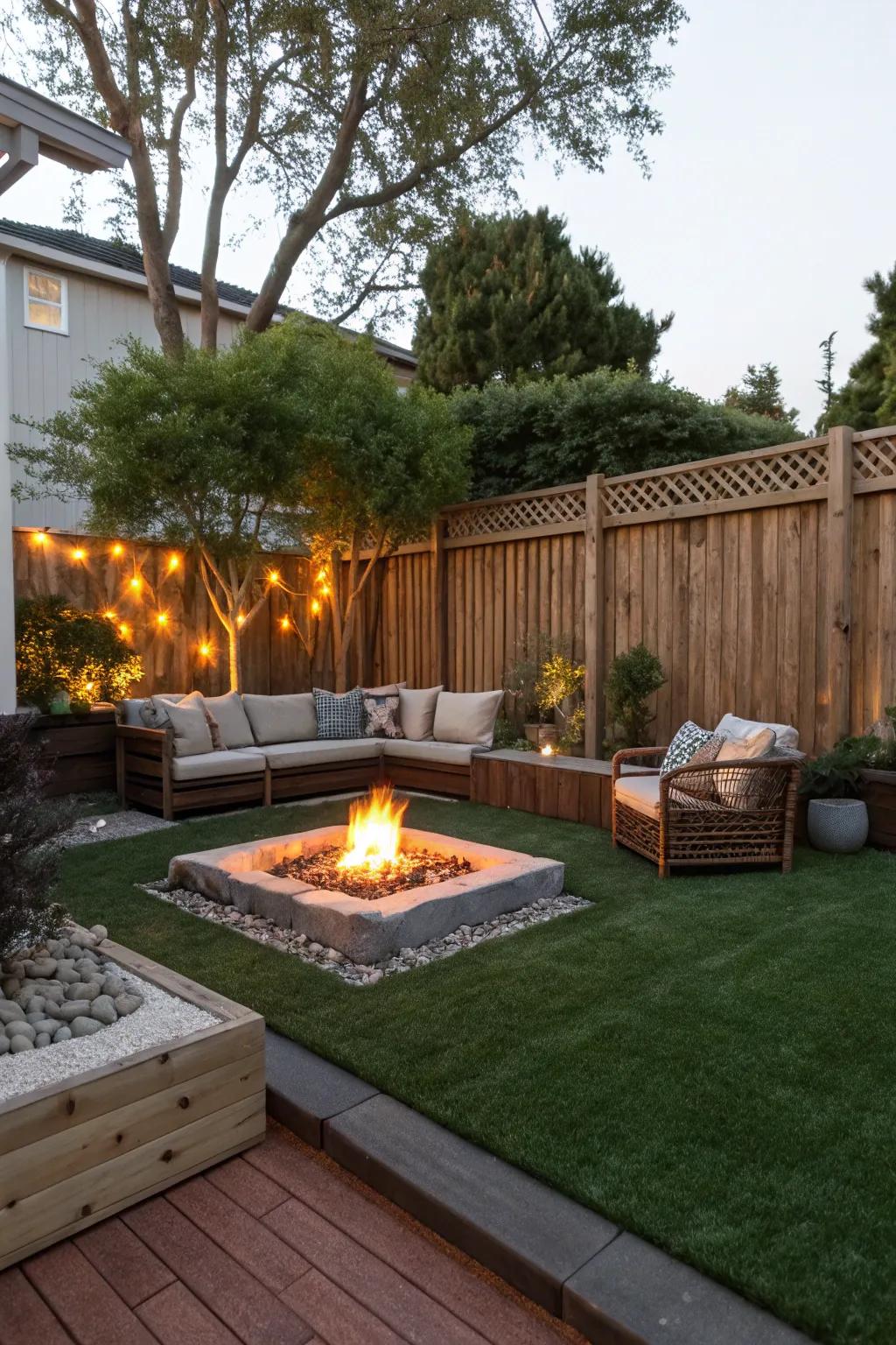 A cozy fire pit area on green artificial grass.