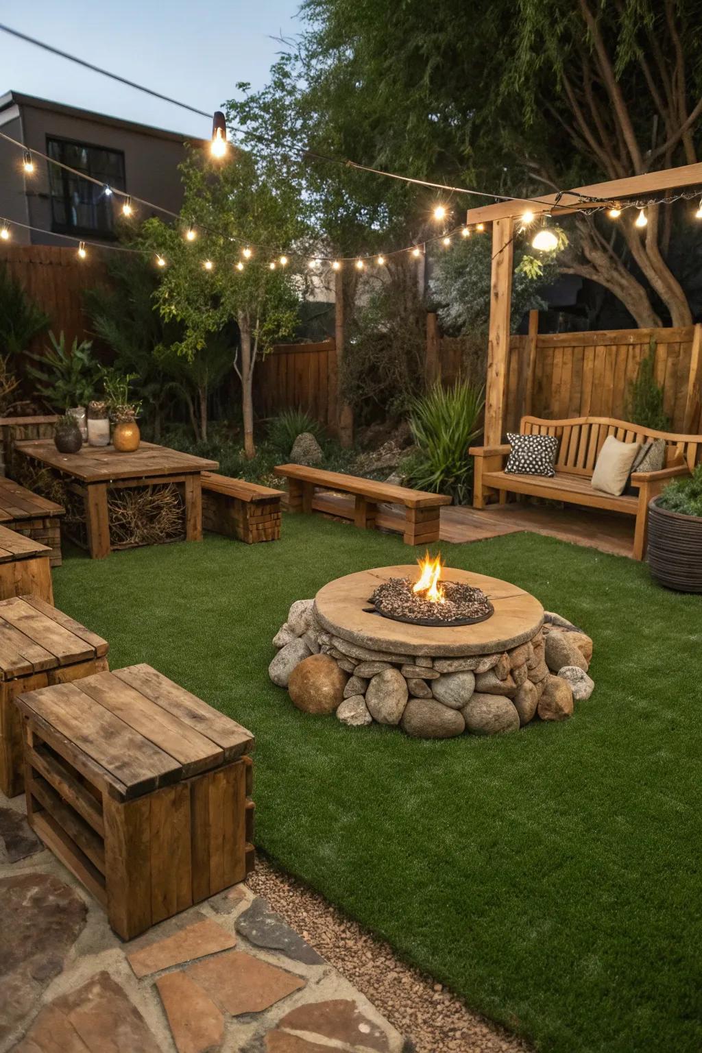 Capture a rustic charm through natural accents using artificial turf.