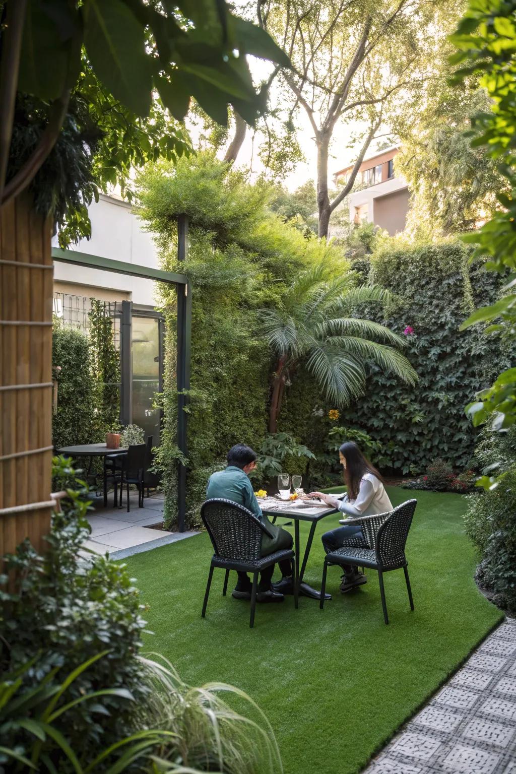 Enjoy outdoor dining comfortably with a beautiful synthetic turf setting.