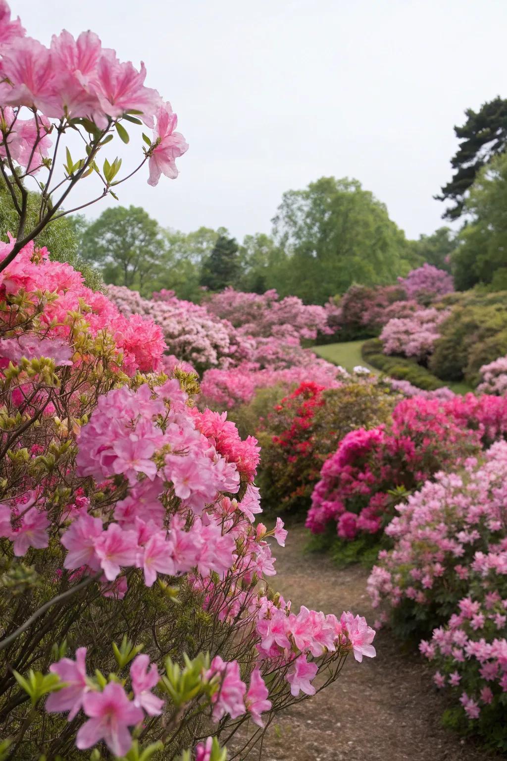 A color-themed garden with azaleas in shades of pink.