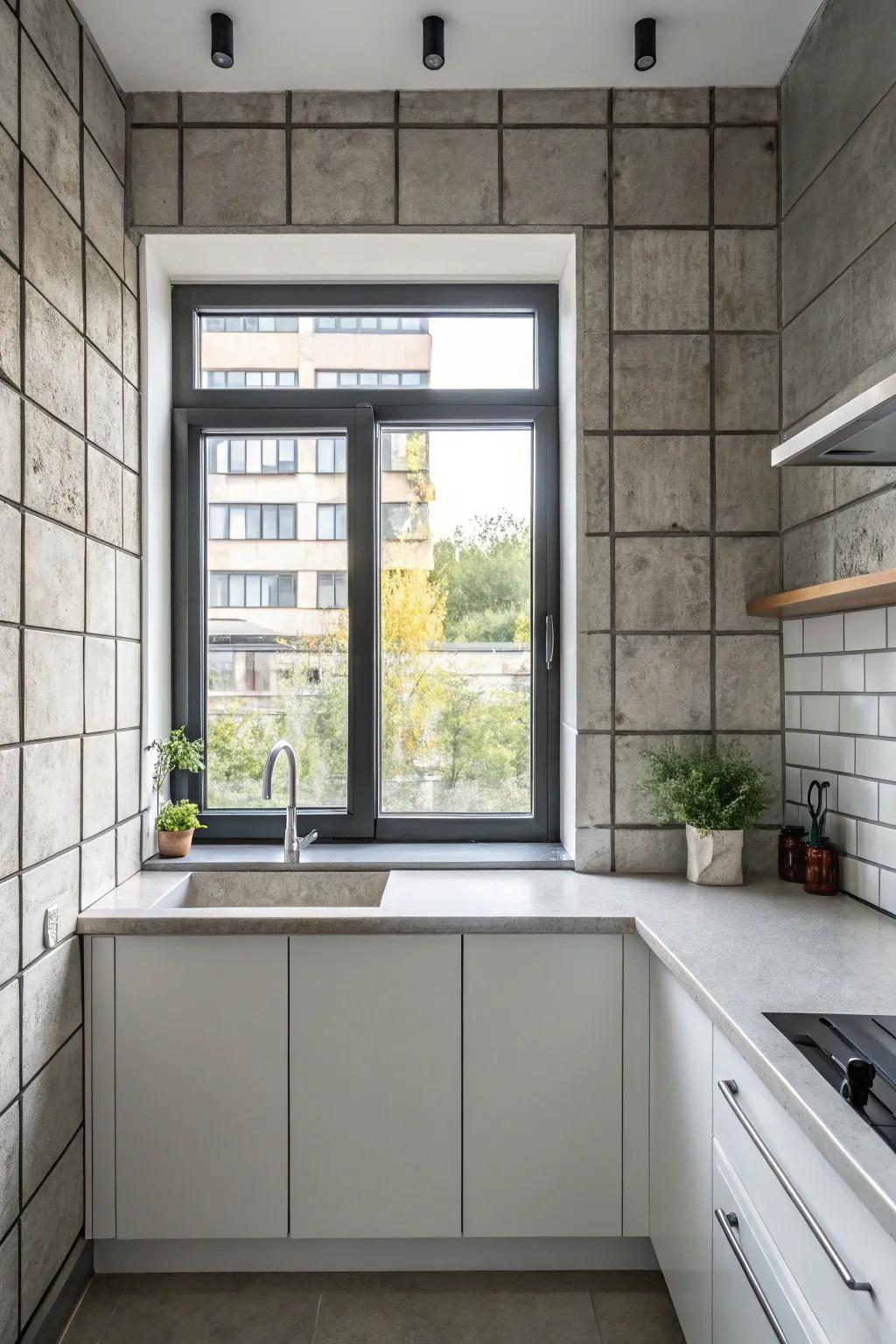 Hard surface tiles adding an urban chic vibe around a kitchen window.