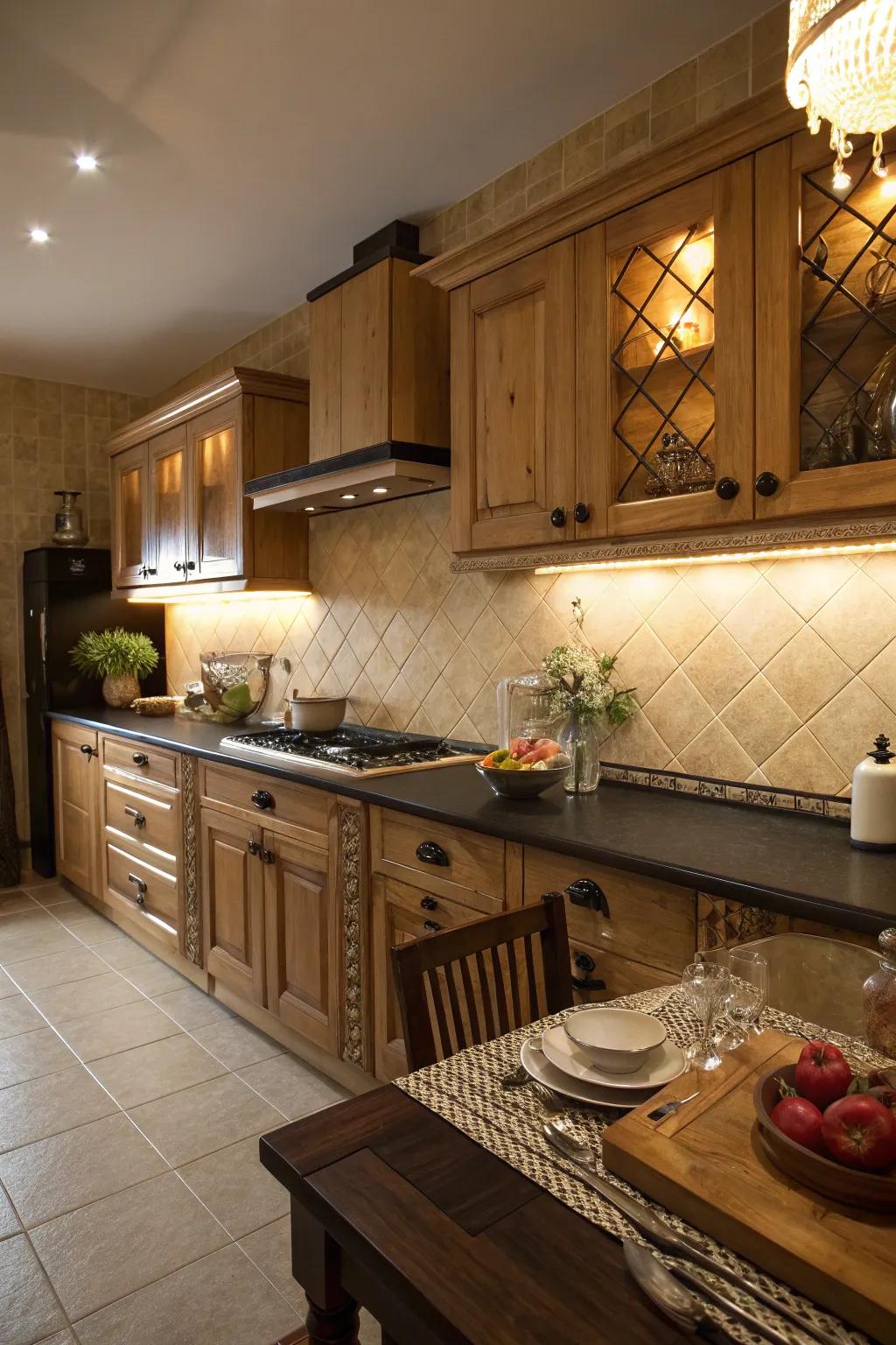 Fawn tiles offer a warm and inviting contrast to black countertops.