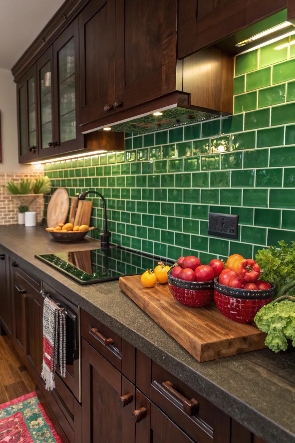 Revitalize your cooking space with lively green glass bricks.