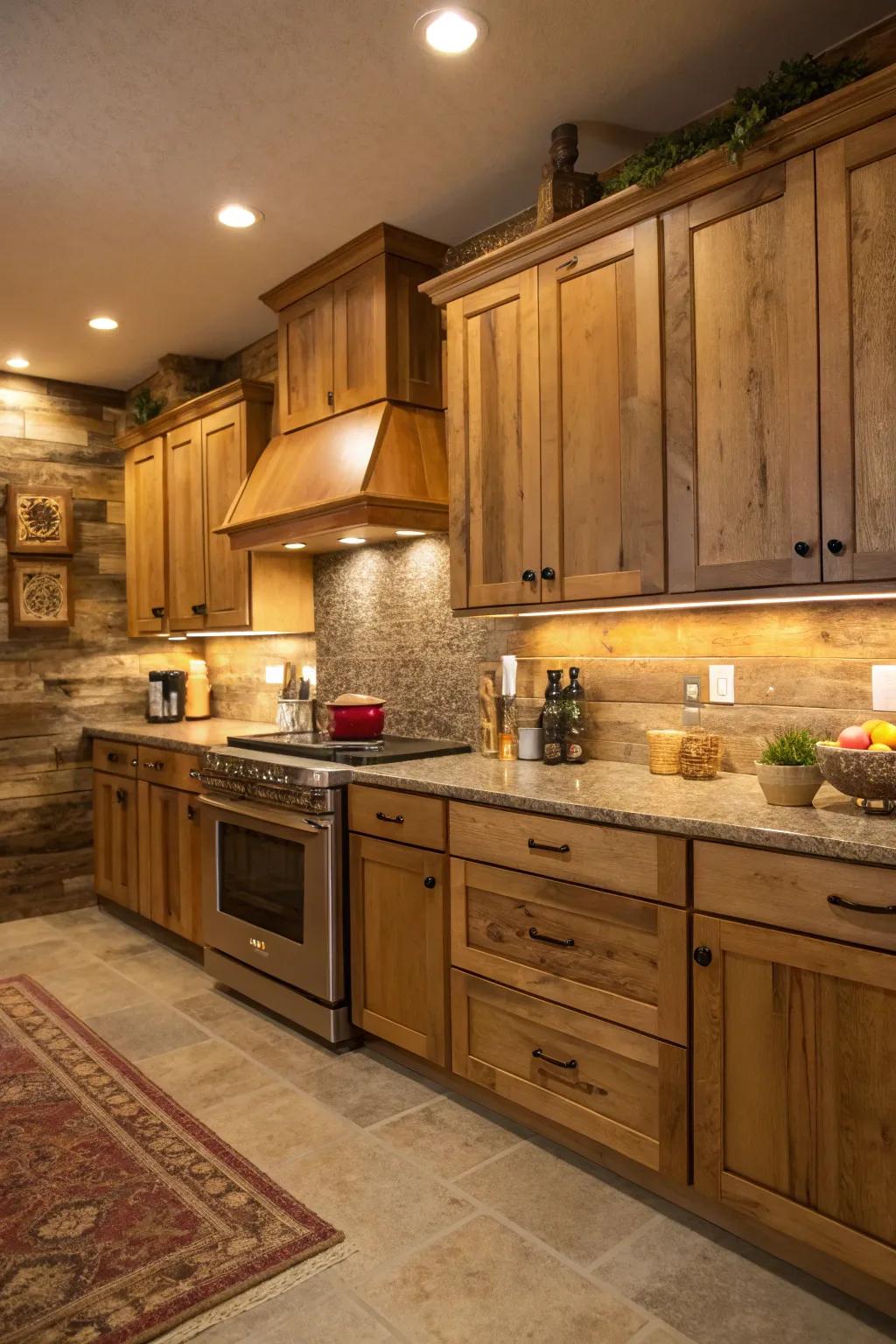 A rustic wood backsplash delivers a cozy charm to maple cabinets.