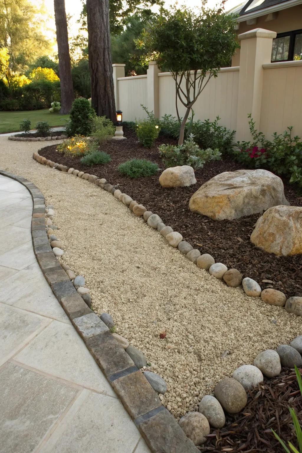 Decorative trim with finely crushed rock creates neat and structured garden spaces.