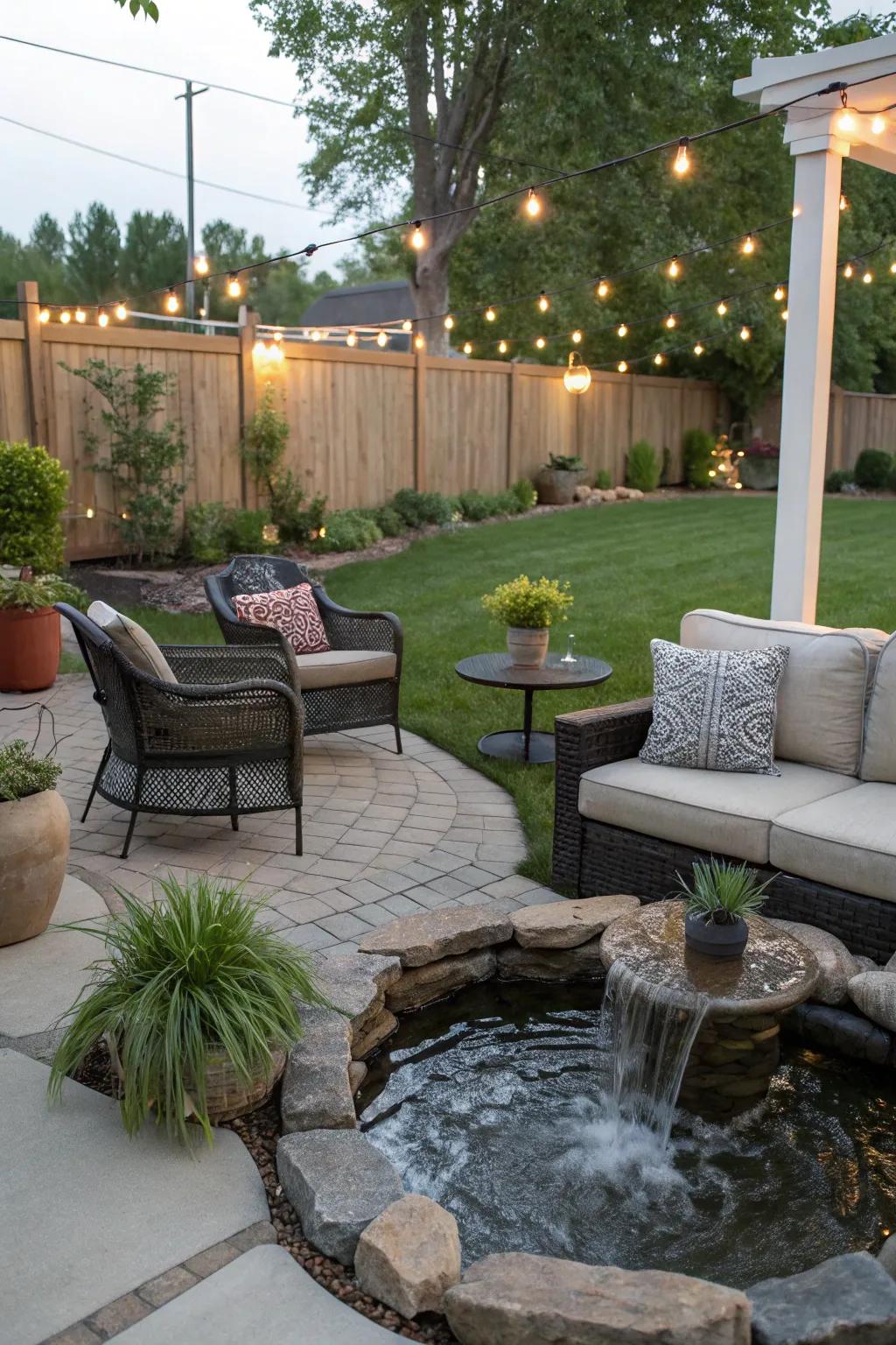 A soothing water feature enhances tranquility.