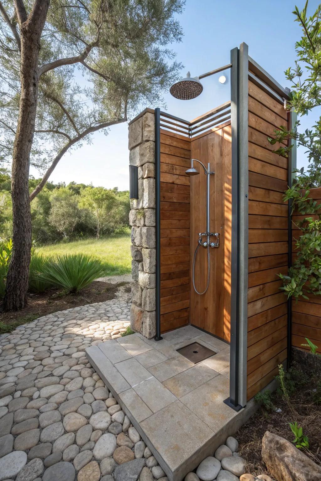 A visually intriguing outdoor shower featuring assorted materials.