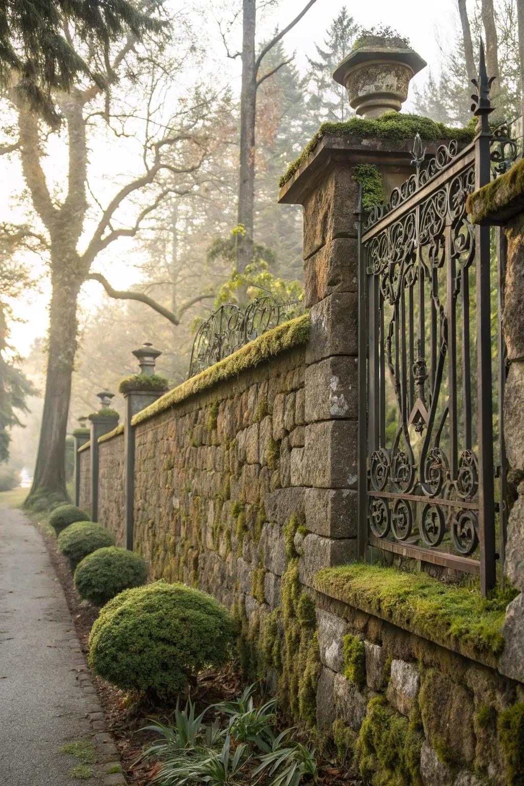An elegant stone wall enhanced with ornamental ironwork.