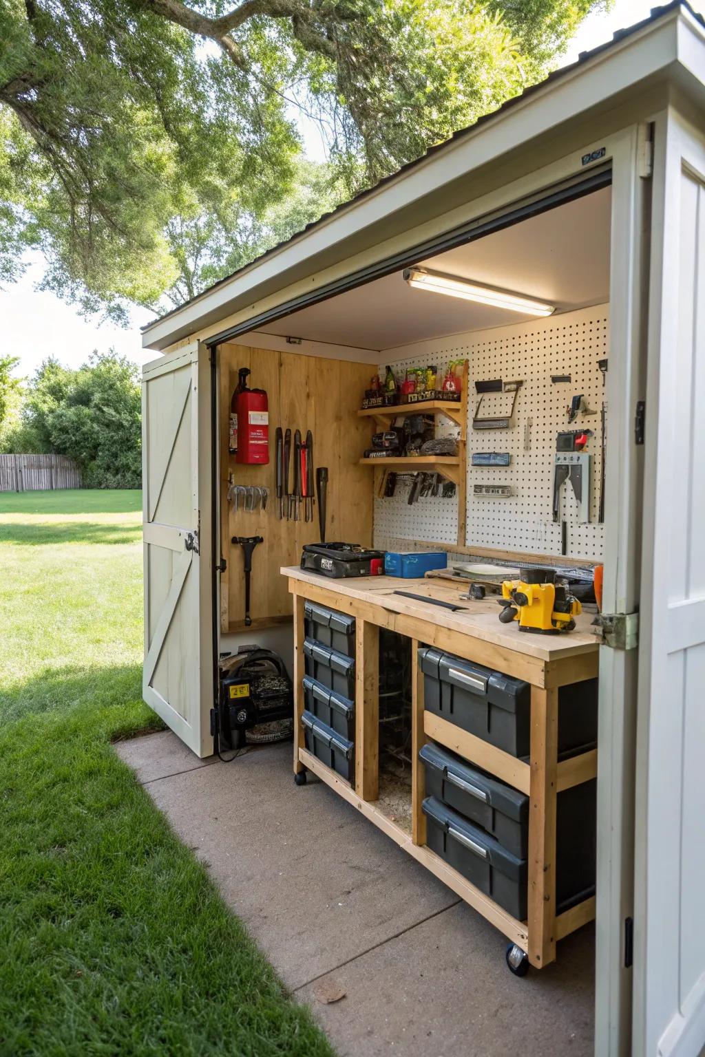 A well-organized workshop shed for DIY projects.