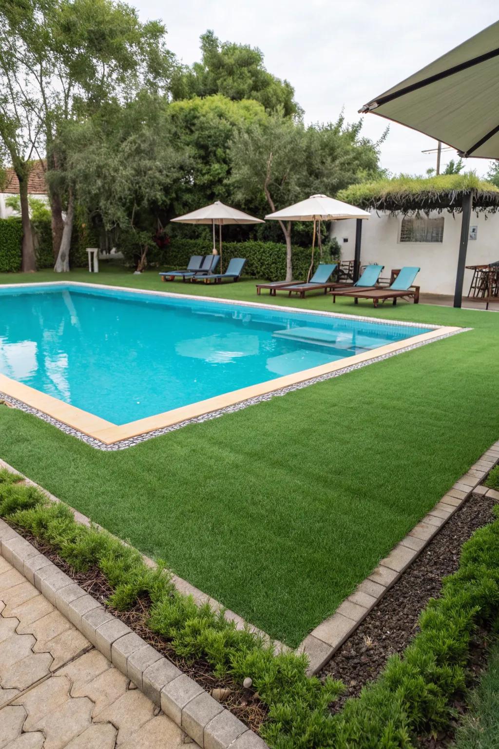 A spotless poolside with vibrant, slip-resistant grass.