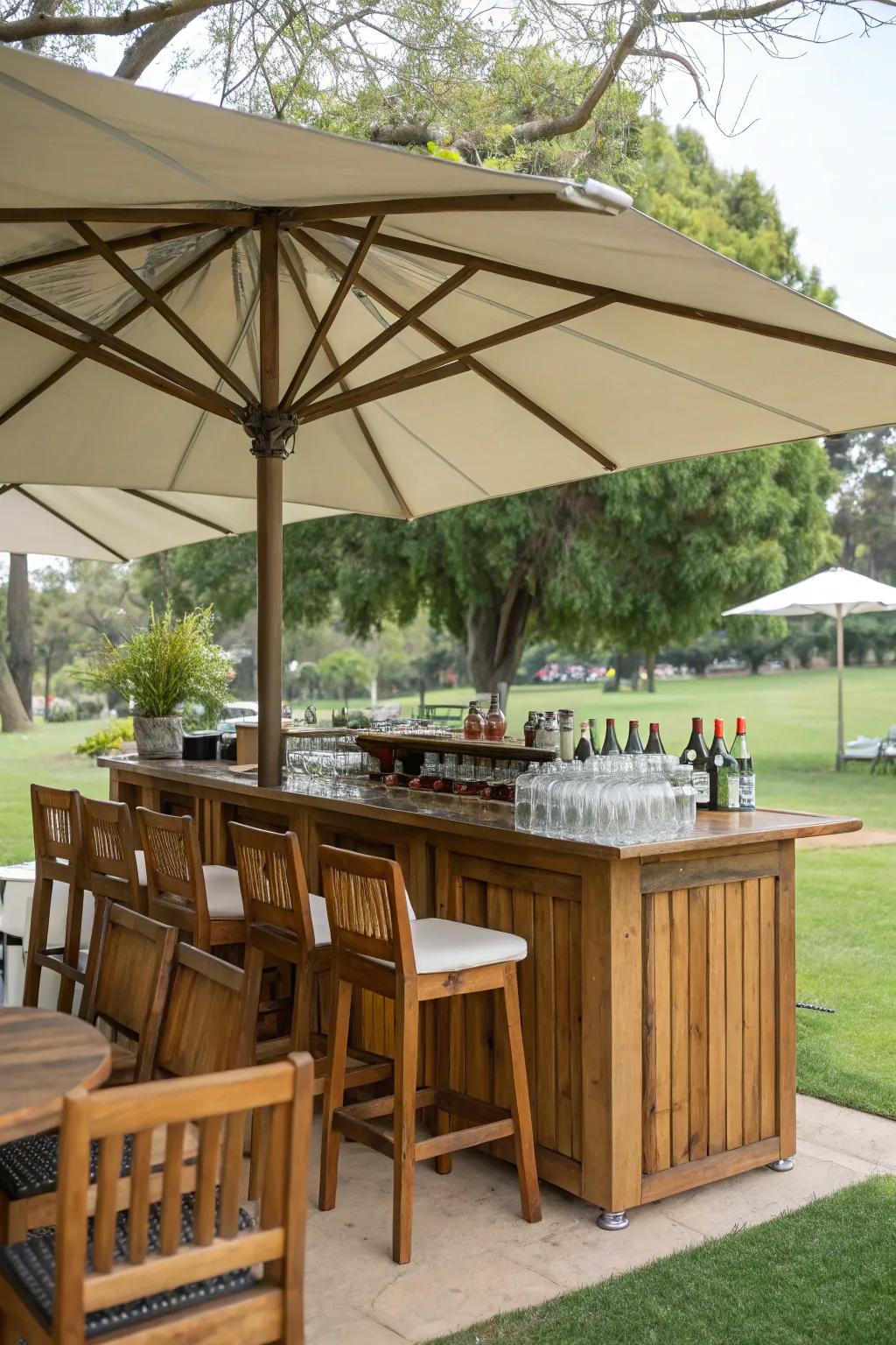 An open-air bar setup with sunshade.