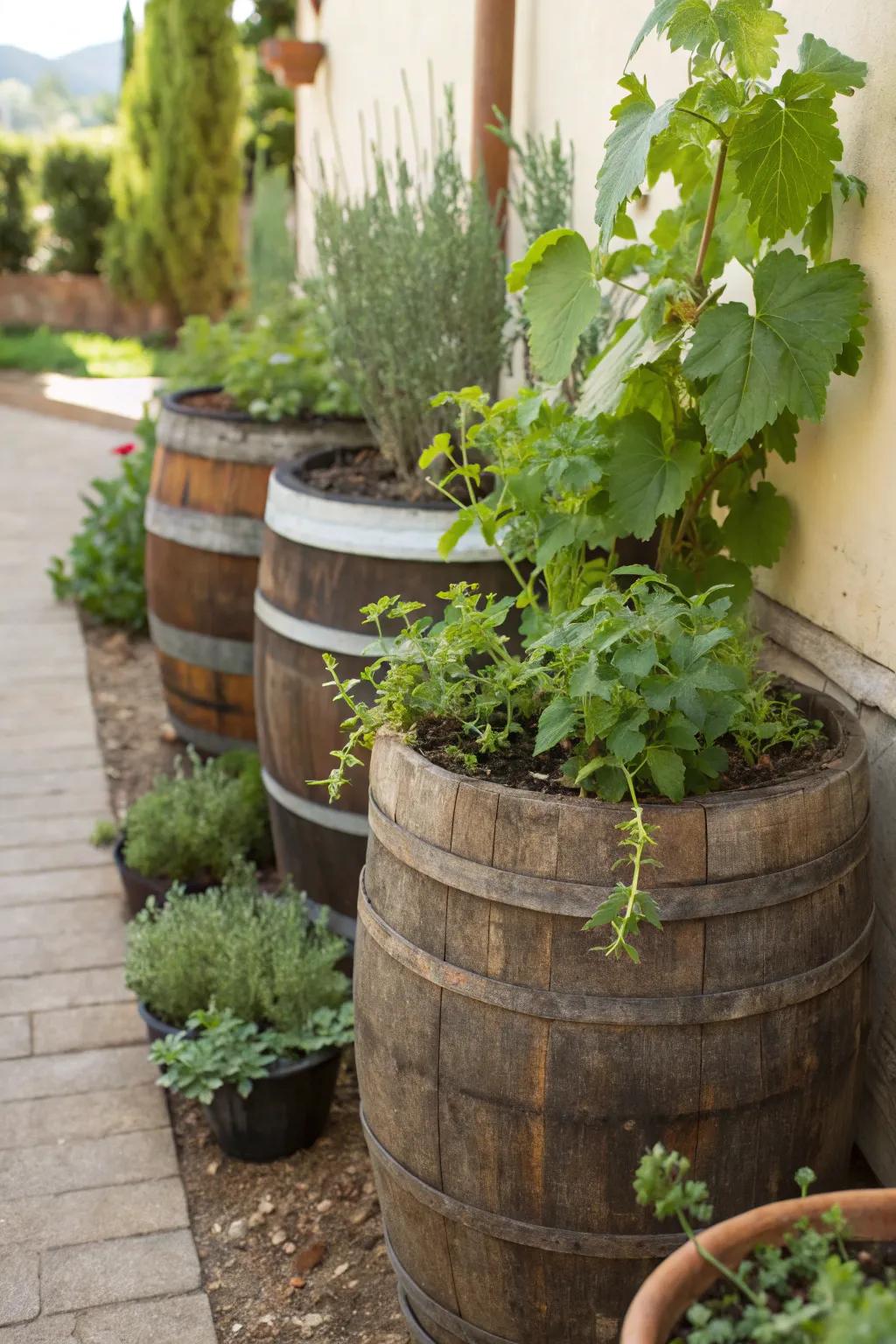 Wine casks make charming vineyard additions.