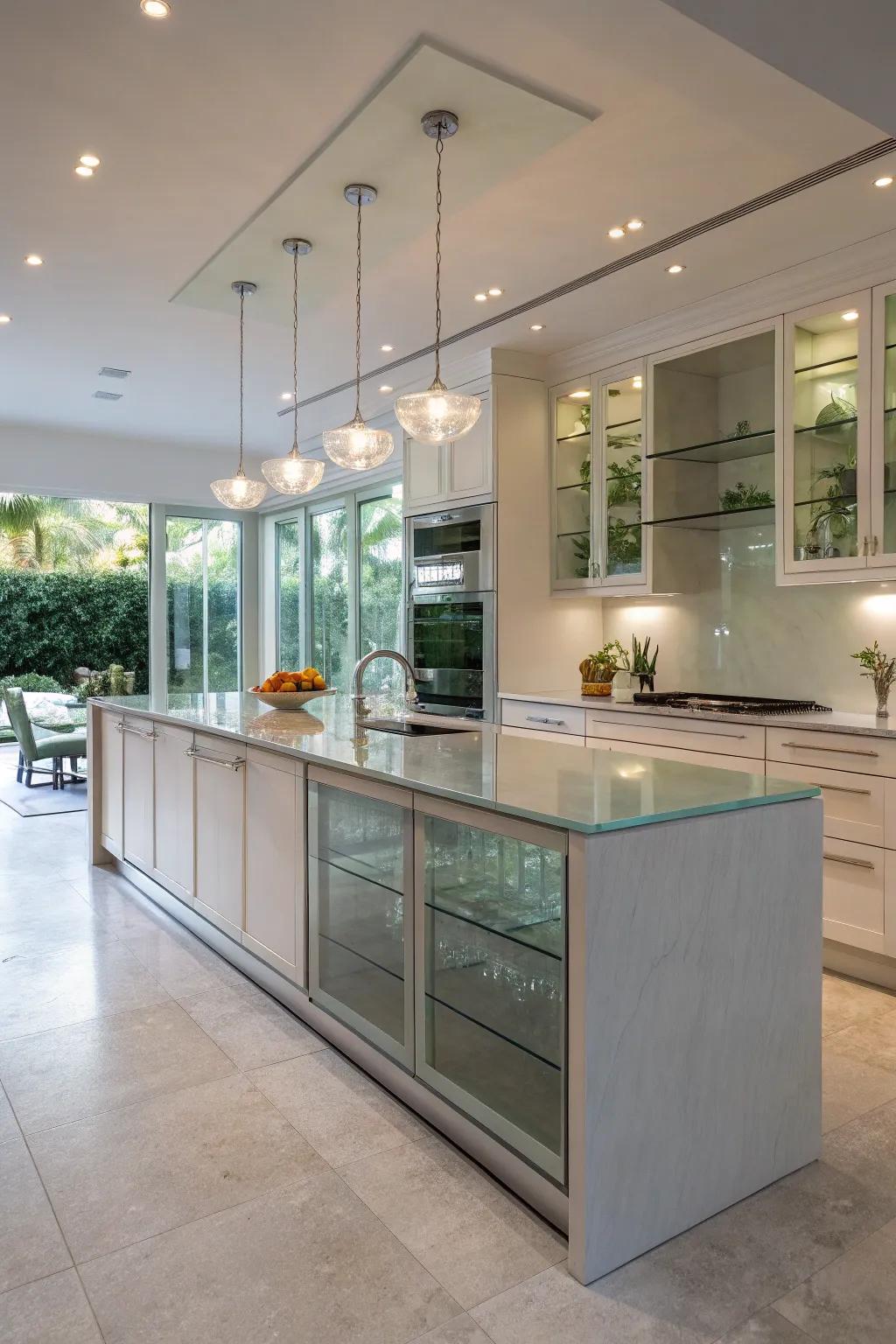 Glass elements contribute to a spacious and airy kitchen atmosphere.