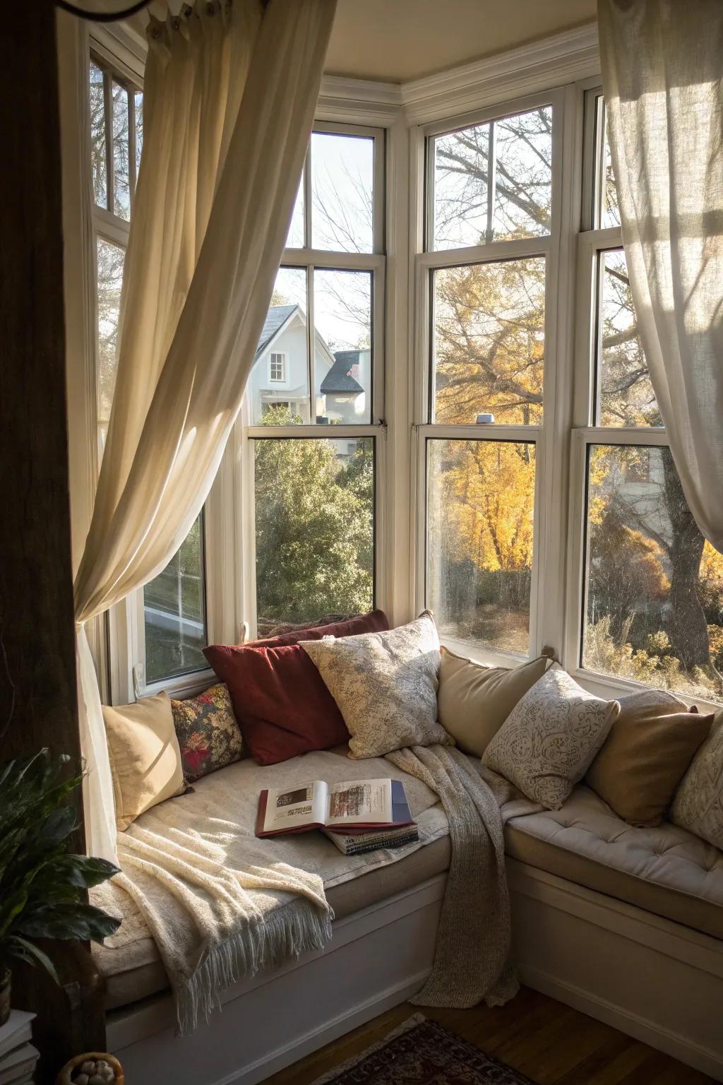 Transform your bay window into an intimate movie sanctuary for cozy evenings in.