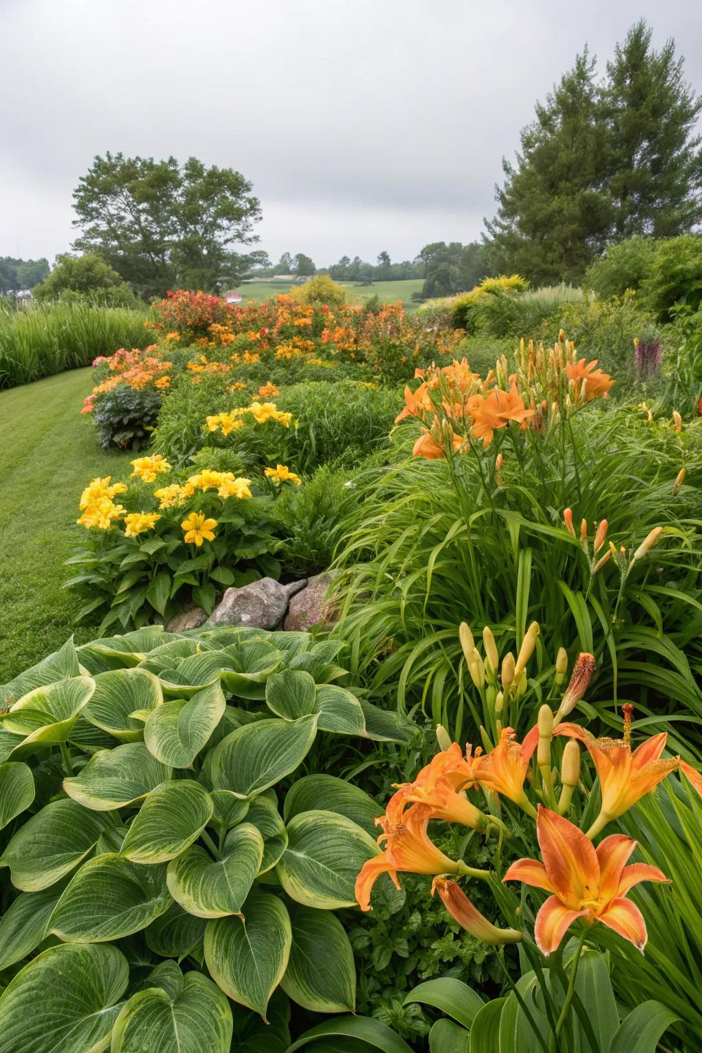A lush garden featuring Hostas and Daylilies.