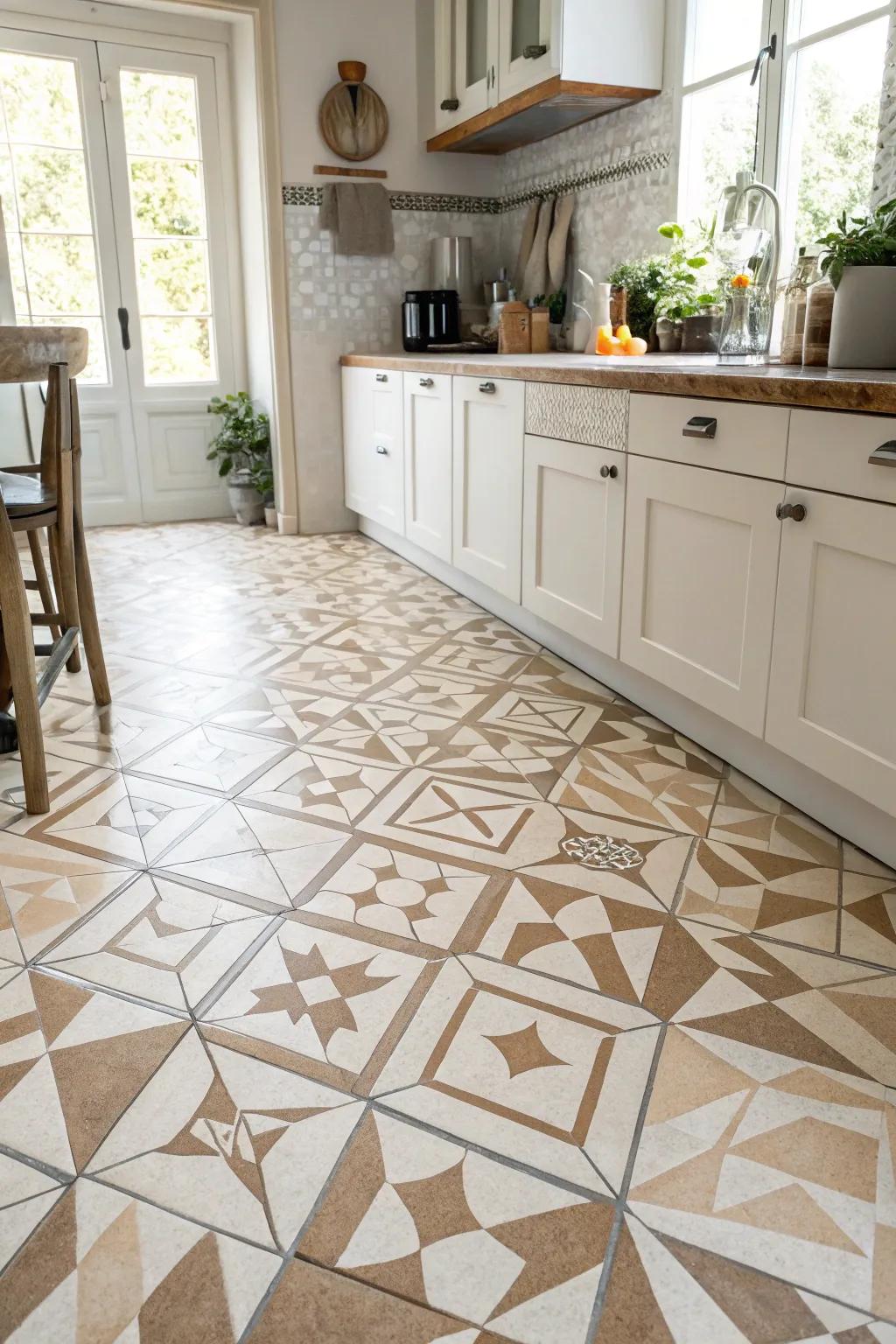 Patterned tiles inject a modern, unique nuance to the kitchen.