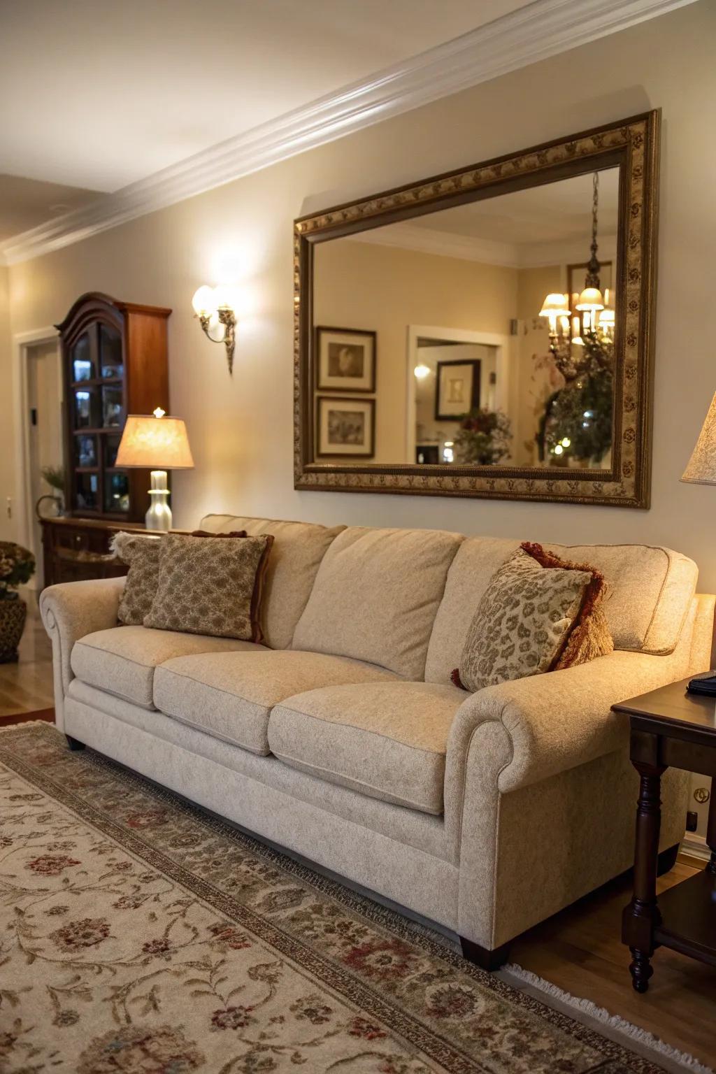 Mirrors amplify light and space in a living space with a wheat-toned sofa.