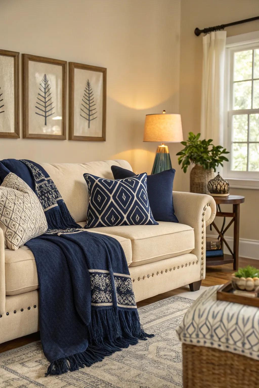 Navy contrasts contribute depth and dimension.