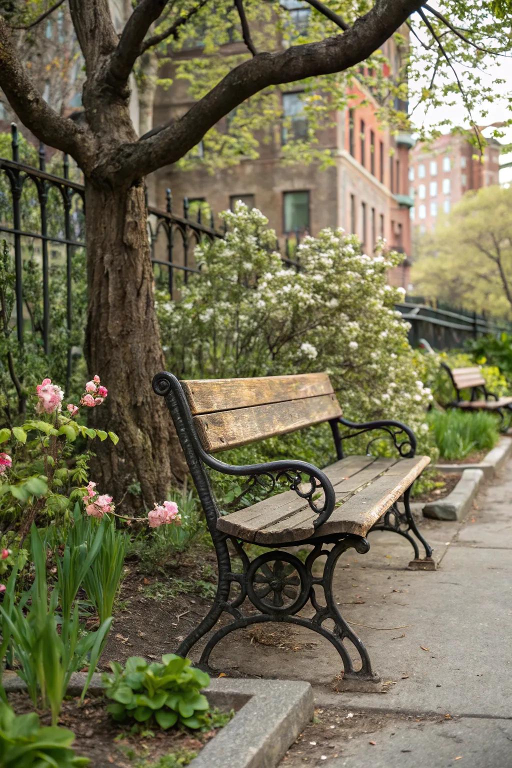 Industrial-style benches blend wood and metal for a modern look.