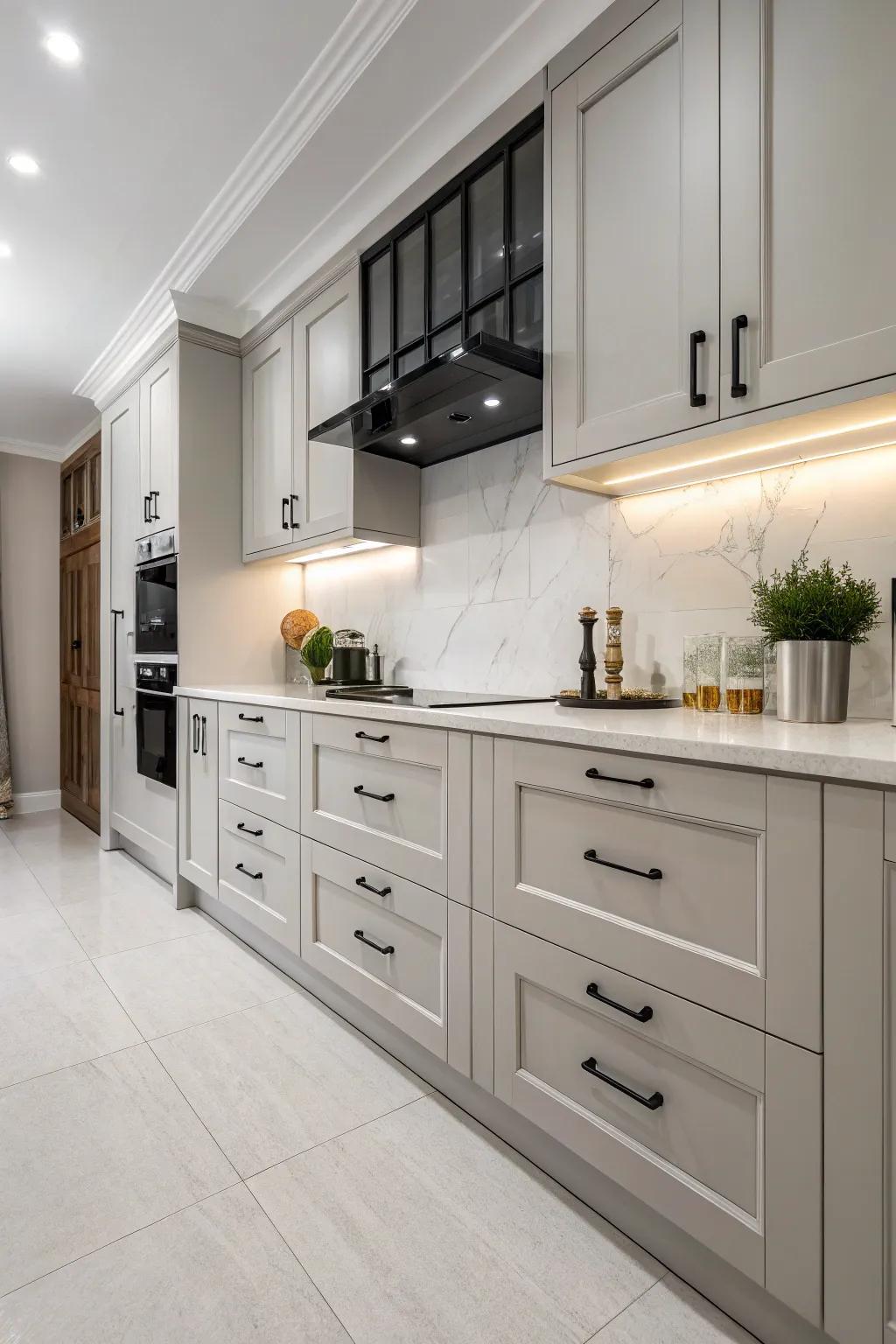 Square-edged pulls add a contemporary twist to shaker cabinets.