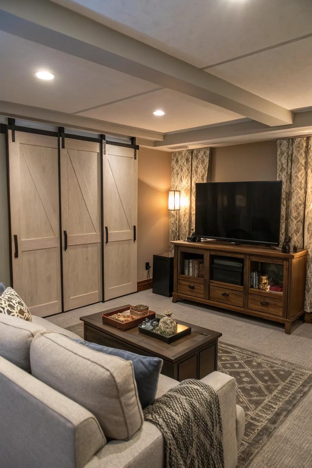 A hidden TV keeps the room looking clean and uncluttered.