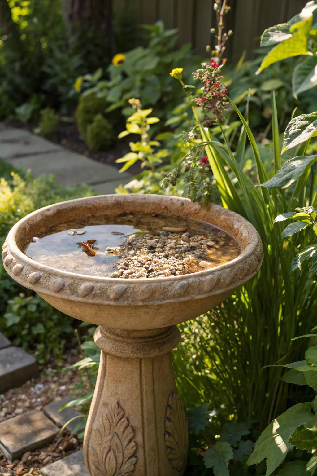 A ceramic bird bath feeder offering water and food to garden birds.