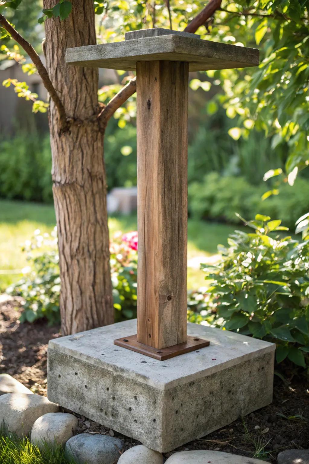 Stability meets craftsmanship: A bird feeder pole rooted in concrete elegance.