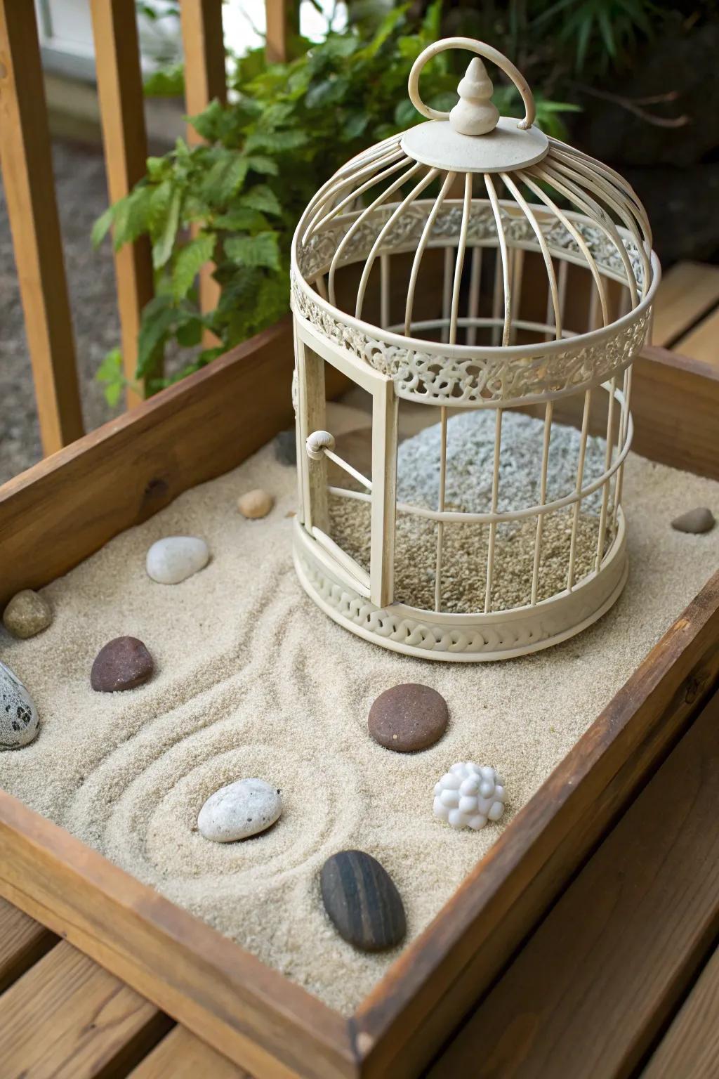 A birdcage Zen garden brings tranquility and mindfulness to your decor.